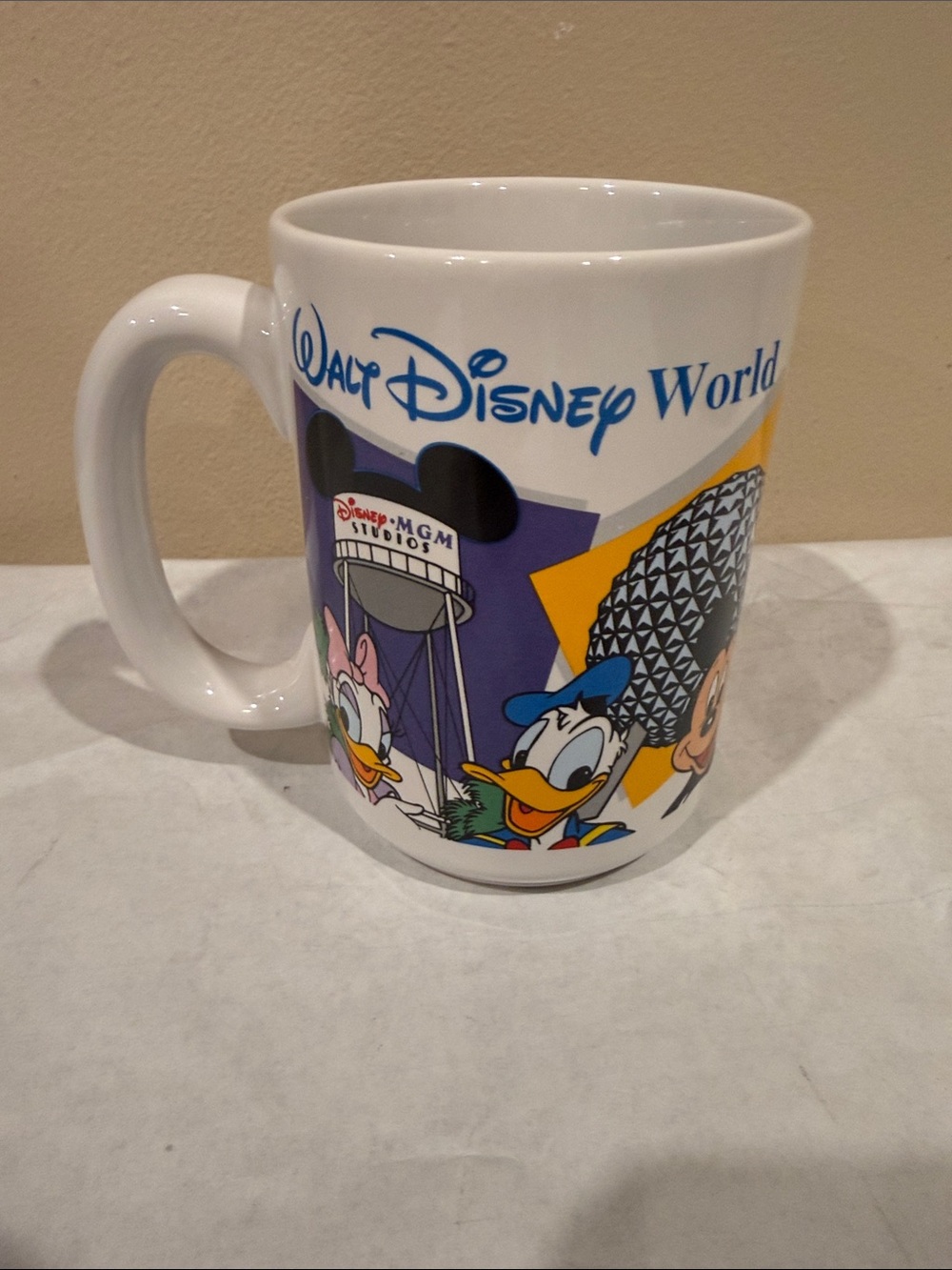 Disney Disney World Character Mug White Blue Yellow Epcot MGM Magic Kingdom